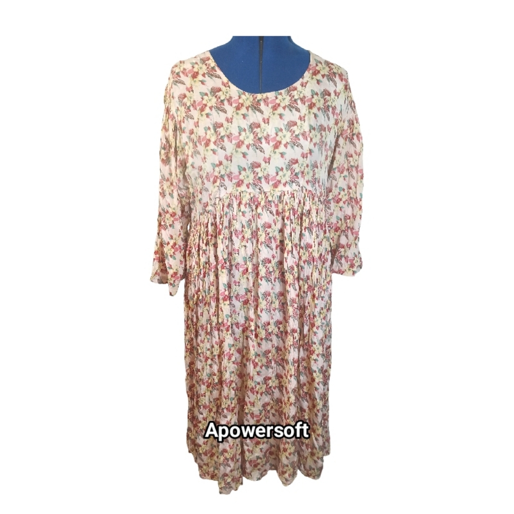 Pink Floral 3/4 Sleeve Midi Dress